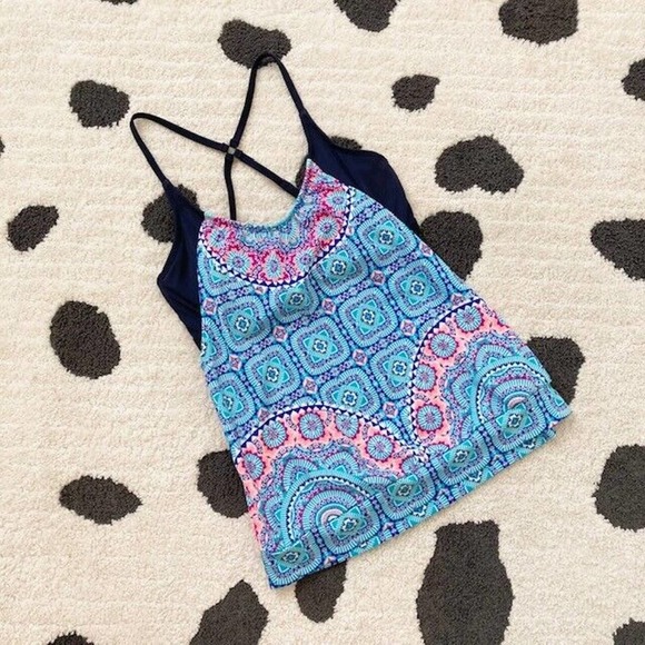 NWT Athleta $84 32D/DD Fiji Blousy Blue Pink Print Padded UPF 50+ Tankini Top - Picture 4 of 14